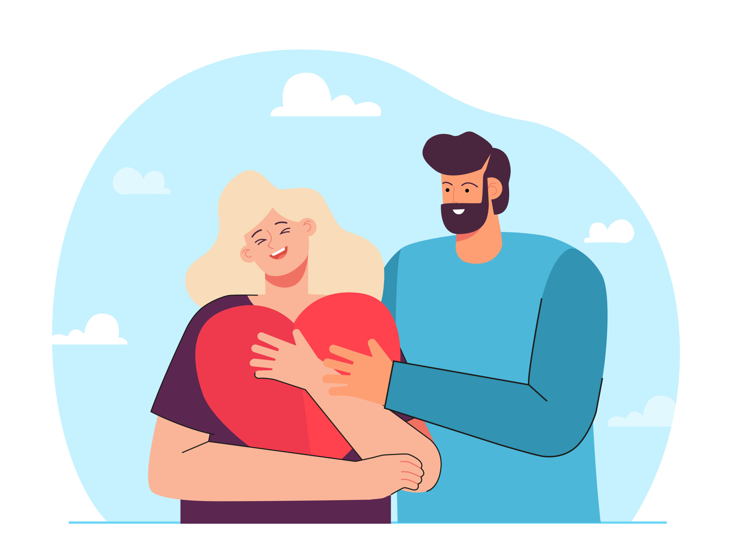 Boyfriend hugging happy girlfriend holding big comic heart scaled
