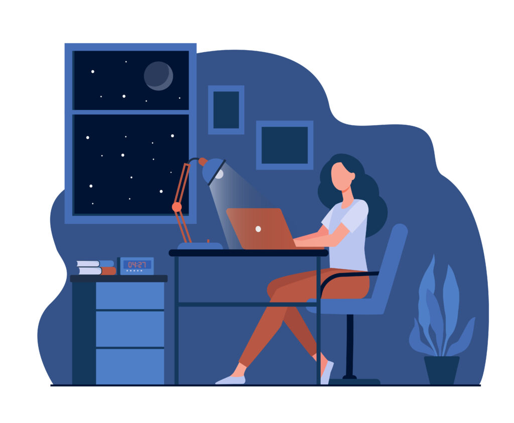 Female designer working late in room flat vector illustration