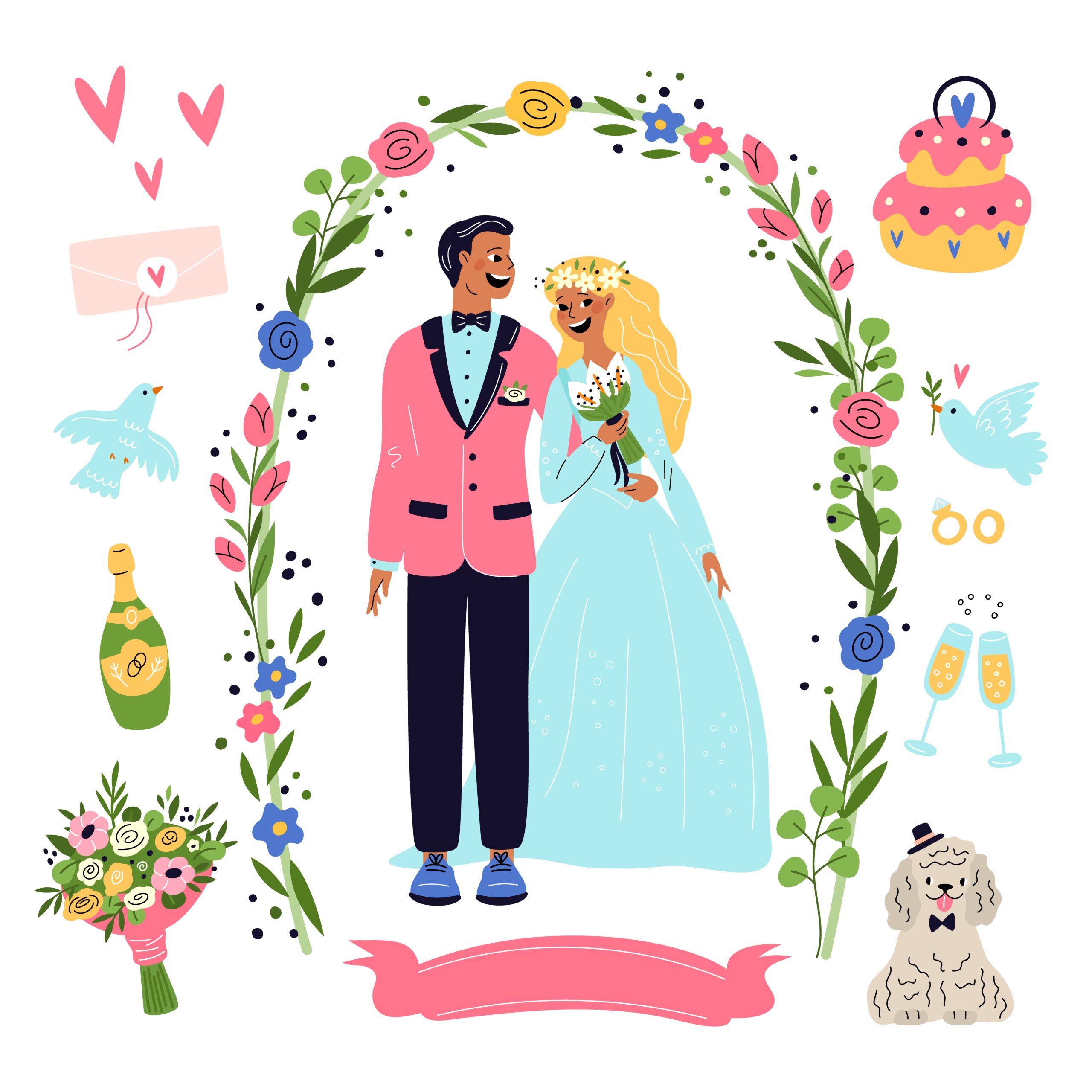 2209 m11 i022 n014 s c15 cartoon wedding elements happy characters romantic couple in ceremonial outfits celebration objects and accessories garis scaled