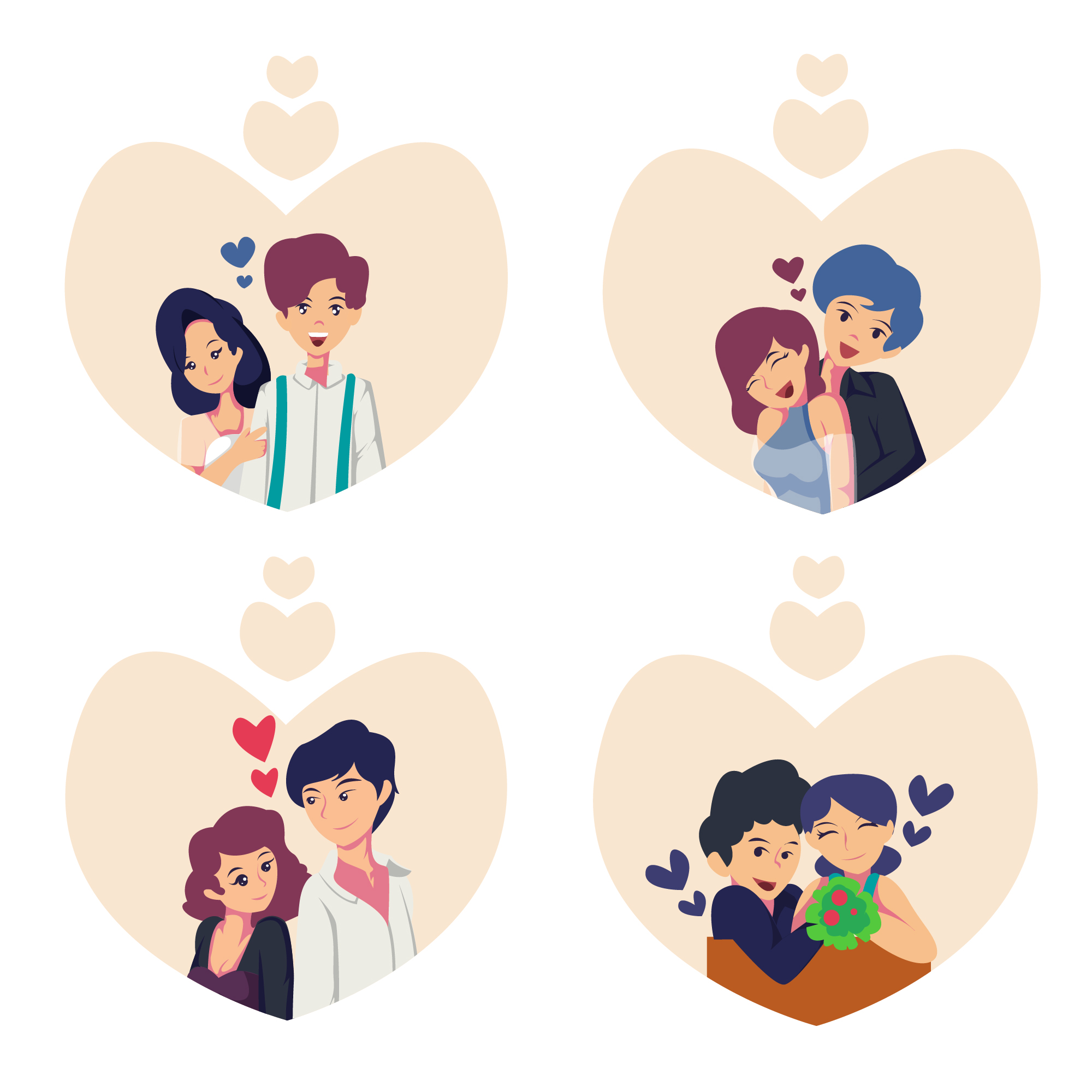 collection of male and female affection on valentine flat illustration